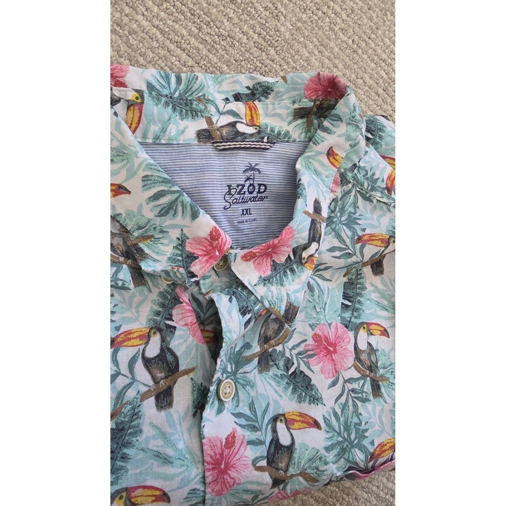 IZOD Saltwater Mens XXL Tropical Toucan Hibiscus Linen Blend Button Up Shirt